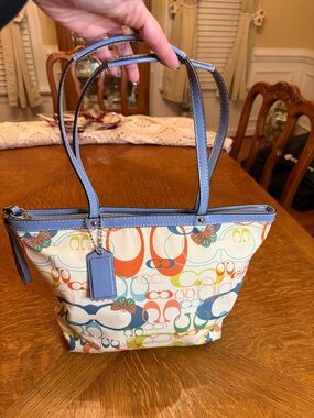 Coach Multicolor Signature Tote with Light Blue Trim